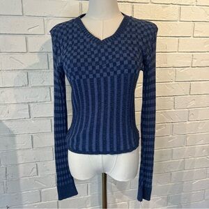 Vintage 90s y2k Plastic Card Checkered Blue Fitted Sweater Women’s M